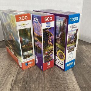 Lot Of 3 Jigsaw Puzzles 300-1000 Piece Chuck Pinson Thomas Kinkade Geno Peoples